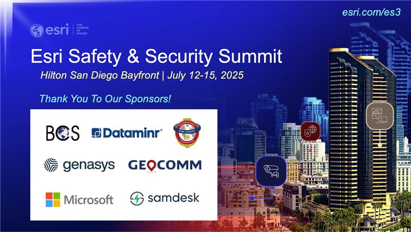 We want to thank our sponsors of the Esri Safety and Security Summit planned for this weekend.  Join us to see how #GIS is helping first responders move from understanding to action. See you in San Diego!
Register: ow.ly/u1v350WnmL0