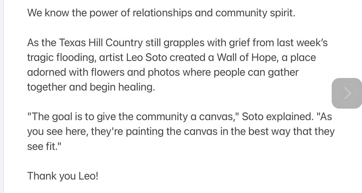 As the Texas Hill Country still grapples with grief from last week’s tragic flooding, artist Leo Soto created a Wall of Hope, a place adorned with flowers and photos where people can gather together and begin healing. tinyurl.com/ARCarticle271