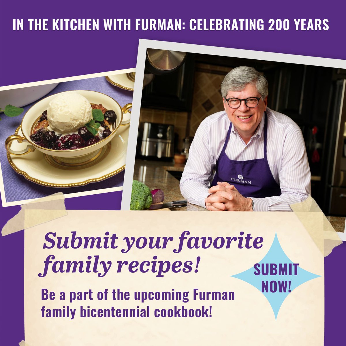 Furman_Alumni's tweet image. This is your moment to be immortalized in the only cookbook that mixes Furman history with family recipes.

But don’t let this opportunity simmer too long — the kitchen’s closing on July 31, so submit your recipes today at furman.edu/fu/bicentennia…!