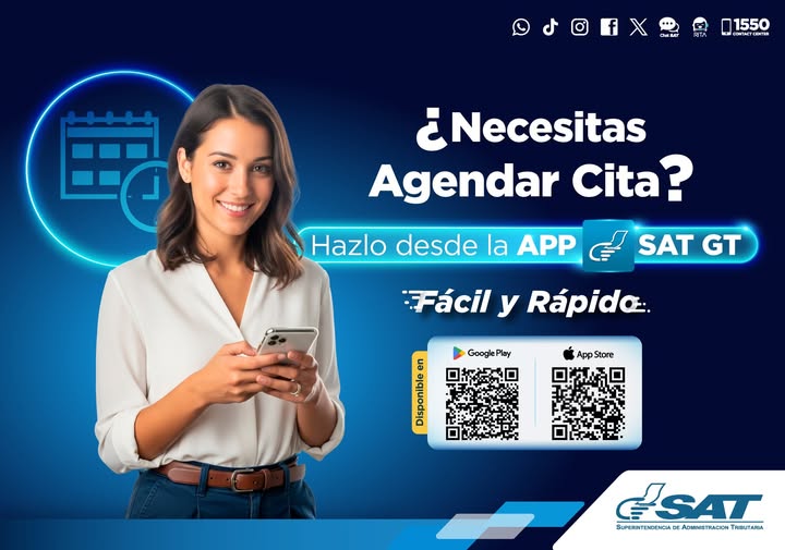 🗓️ Agenda tu cita en SAT de forma rápida y sin complicaciones

📲 Solo descarga la App SATGT y elige el día y hora que mejor te convenga

Disponible para Android o iPhone.

¡Así de fácil y desde tu celular!