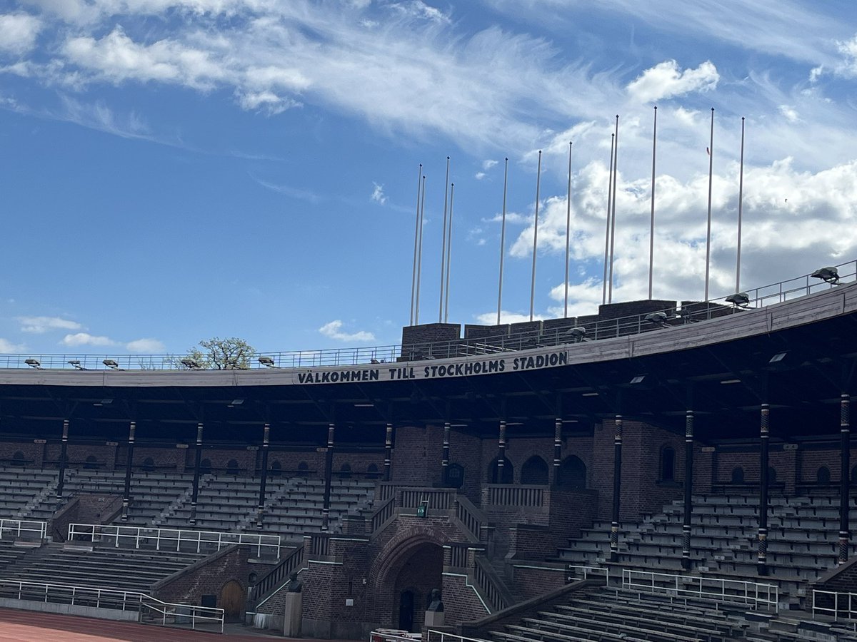 RunningManLNK's tweet image. Stockholm’s 1912 Olympic Stadium is open to the public, so of course I had to run there.  I always keep my running gear in my carry-on ‘cause that’s all I need.