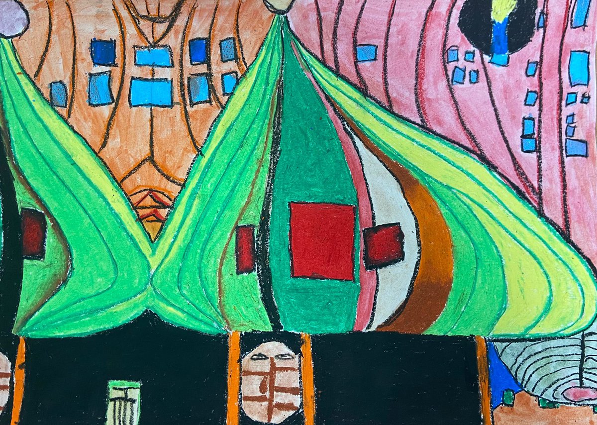 LongFieldMelton's tweet image. At the end of term Year 7 finished their Hundertwasser Compositions. Here are a few composed of pastels and watercolour paint. 🎨 @satrust_ @meltontimes