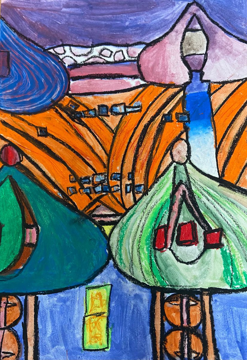 LongFieldMelton's tweet image. At the end of term Year 7 finished their Hundertwasser Compositions. Here are a few composed of pastels and watercolour paint. 🎨 @satrust_ @meltontimes