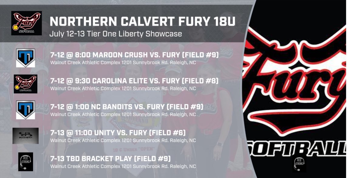 🥎 On the road again! 18U Northern Calvert Fury headed to the Tier One Liberty Showcase in Raleigh, North Carolina for the weekend July 12-13. <a href="/TierOneFP/">Tier One Fastpitch</a>