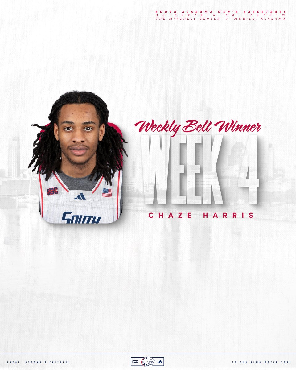 South Alabama Men’s Basketball 🏀 (@southalabamambb) on Twitter photo Chaze is just 2️⃣ nice with it
The belt belongs to <a href="/Chaze_2/">Chaze' Harris</a> on Week 4!
#BurnTheBoats🔥🚤 Chaze is just 2️⃣ nice with it
The belt belongs to <a href="/Chaze_2/">Chaze' Harris</a> on Week 4!
#BurnTheBoats🔥🚤