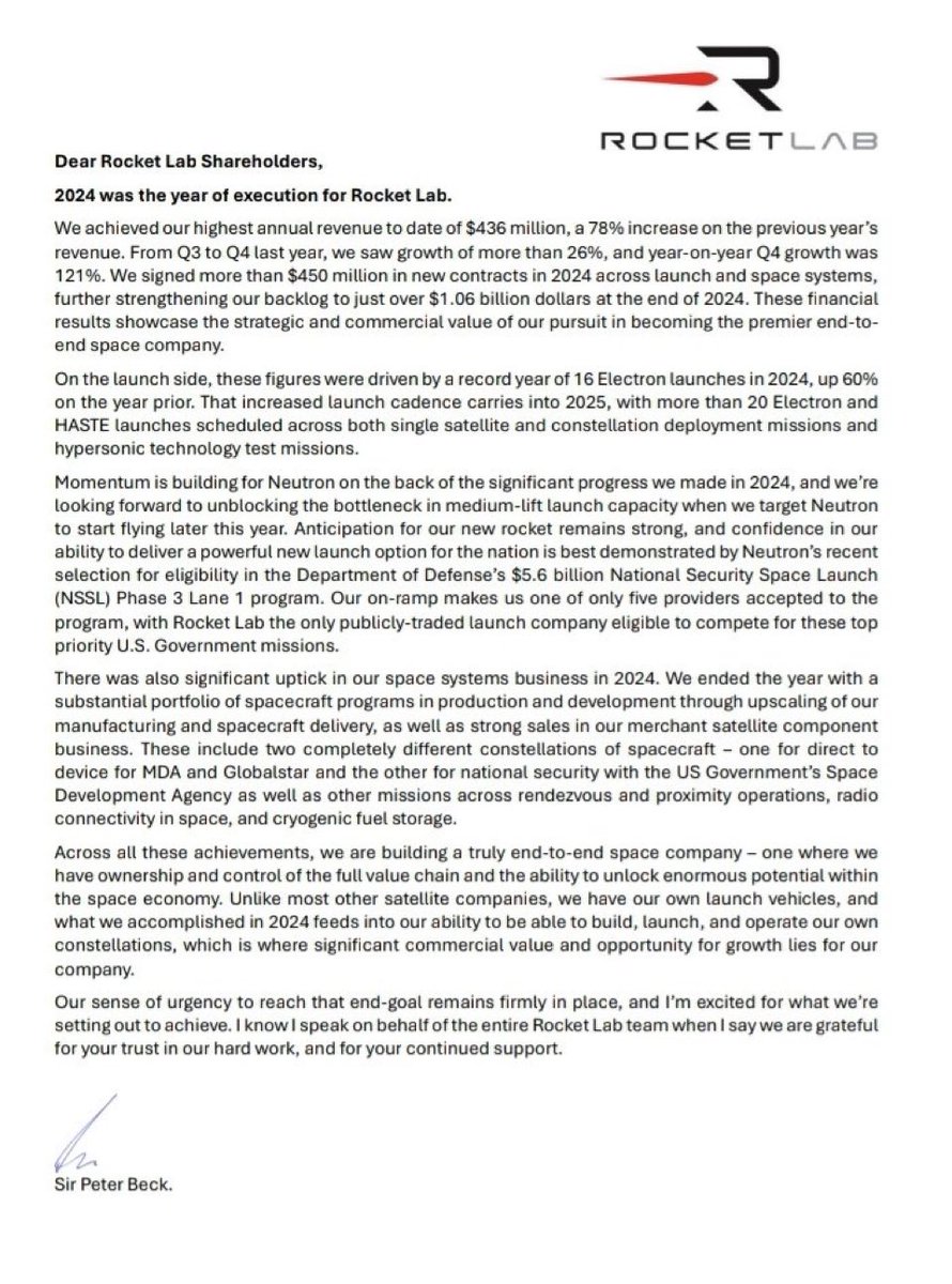 Sir Peter Beck’s letter to shareholders.

He reiterated that Neutron is scheduled to launch by EOY 2025.

In Beck we trust!