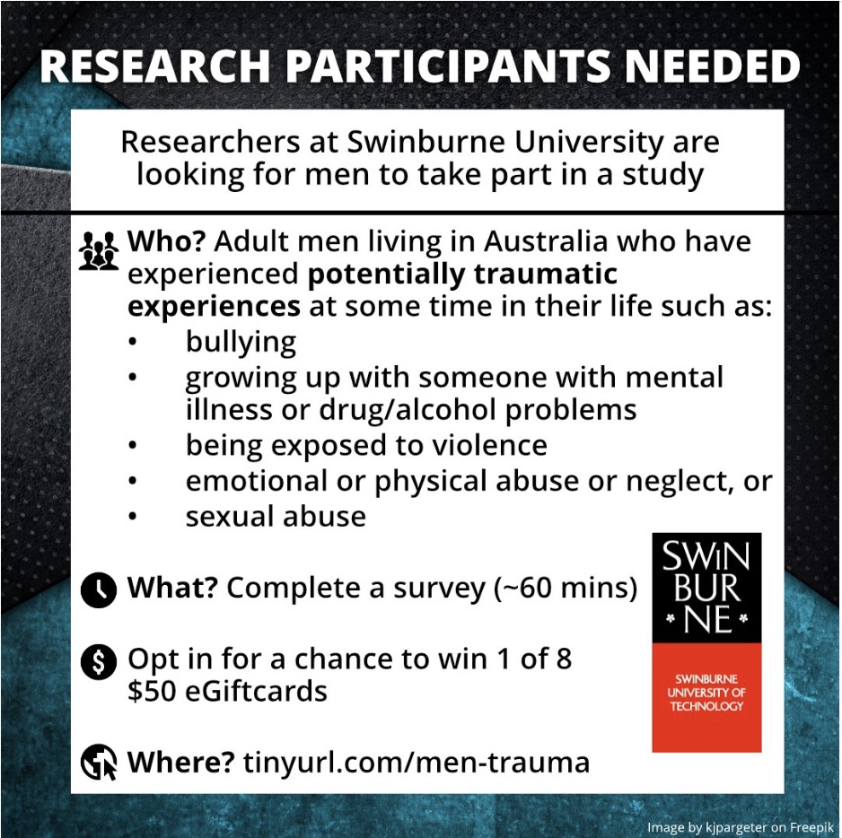 RURAL, REGIONAL AND REMOTE MEN NEEDED
for research study on the risk and protective factors for complex trauma in men. tinyurl.com/men-trauma