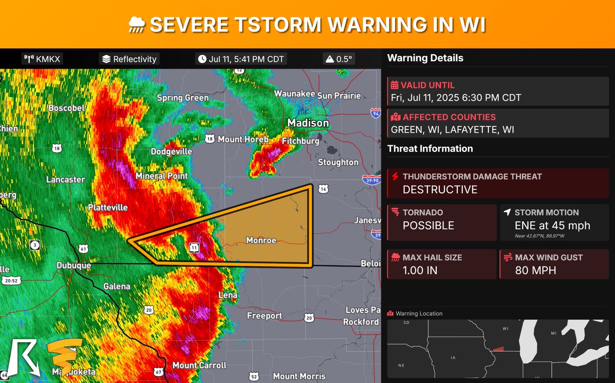 Wisconsin Severe Thunderstorm Warning: DESTRUCTIVE storms with 80 mph winds &amp; 1.00-inch hail are moving NE at 45 mph into Lafayette &amp; Green Counties. Destructive for Gratiot, South Wayne, Monroe, Monticello. Flying debris is dangerous. Extensive damage/power outages likely. Move