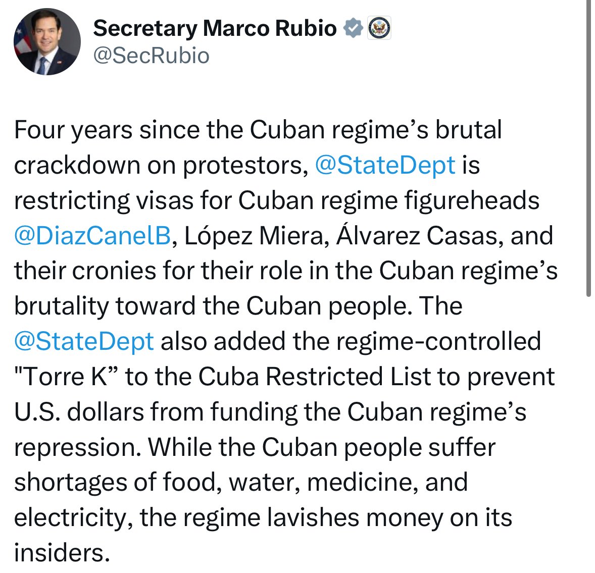 Fuerte arremetida del Departamento de Estado contra la dictadura cubana. 

Anuncia restricción de visas para los marxismos responsables del régimen en la isla.