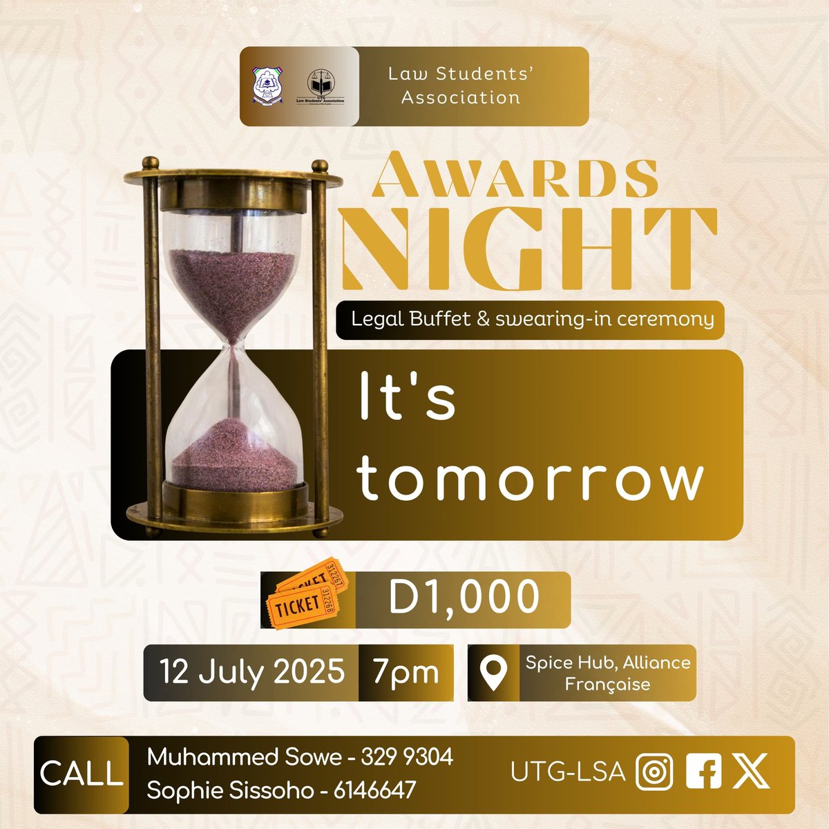 It's LSA Awards Night, Legal Buffet and Swearing-in Ceremony EVE!

Join us tomorrow at 7pm for the most talked about event of #2nd half of 2025!

Let's experience the exquisite touch of Chef Bojang's culinary skills together!😋

#AwardsNight 
#NightOfGlamour
#StudentLeadership