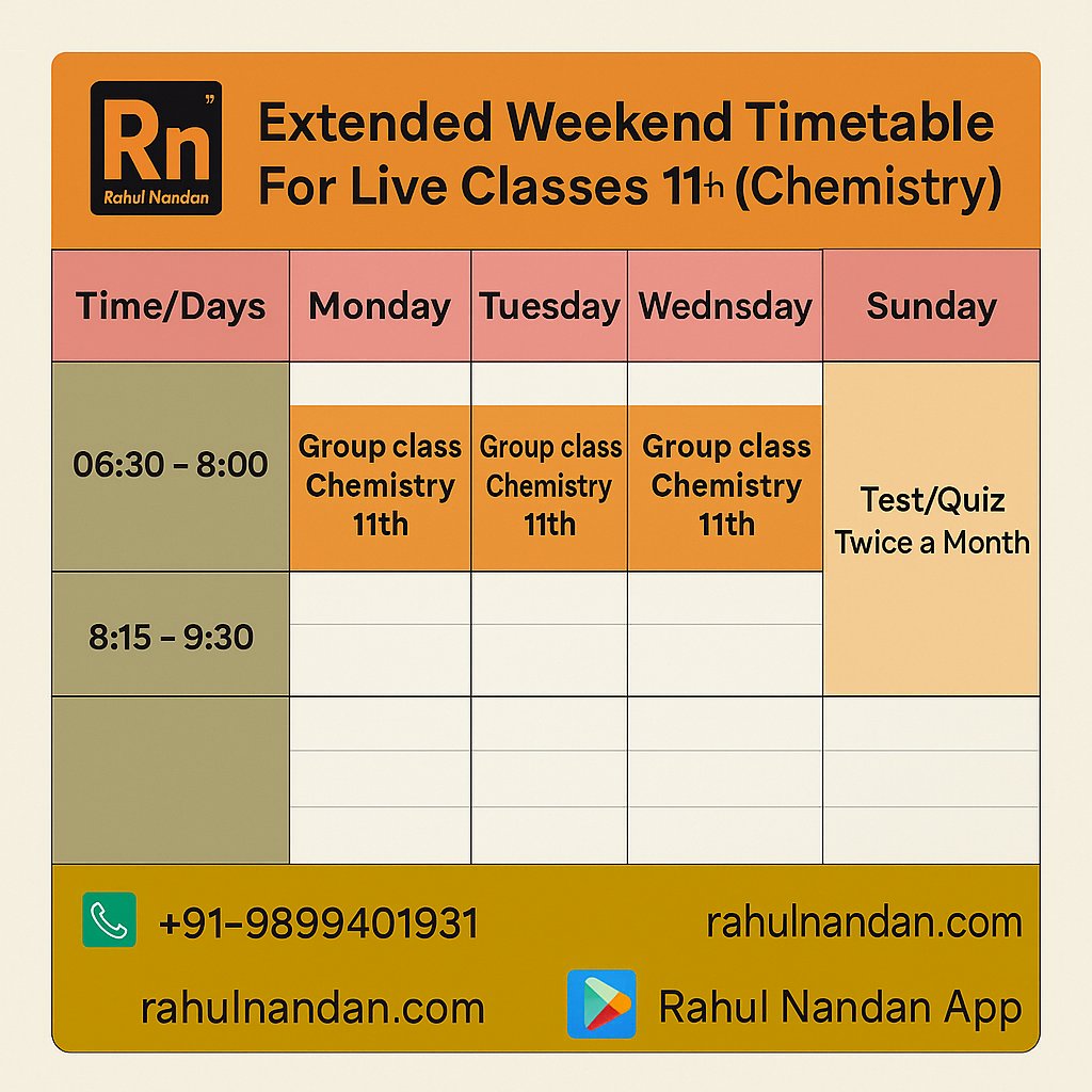 RahulNandanSir's tweet image. 🧪 CHEMISTRY CLASS 11TH - EXTENDED WEEKEND LIVE CLASSES! 🔥

📅 GROUP CLASS SCHEDULE
📝 BONUS: Test/Quiz Sessions - Twice a Month!
🎯 Why Join Our Chemistry Group Classes?
 ✅ Expert Guidance - From Rahul Nandan Sir
#ChemistryClass11 #LiveClasses #RahulNandan #ChemistryMadeEasy