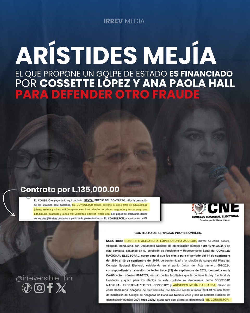 L. 135,000 le pagan Ana Paola Hall y Cossette Lópeaz al exministro Arístides Mejía, para defender el fraude electoral. 👇