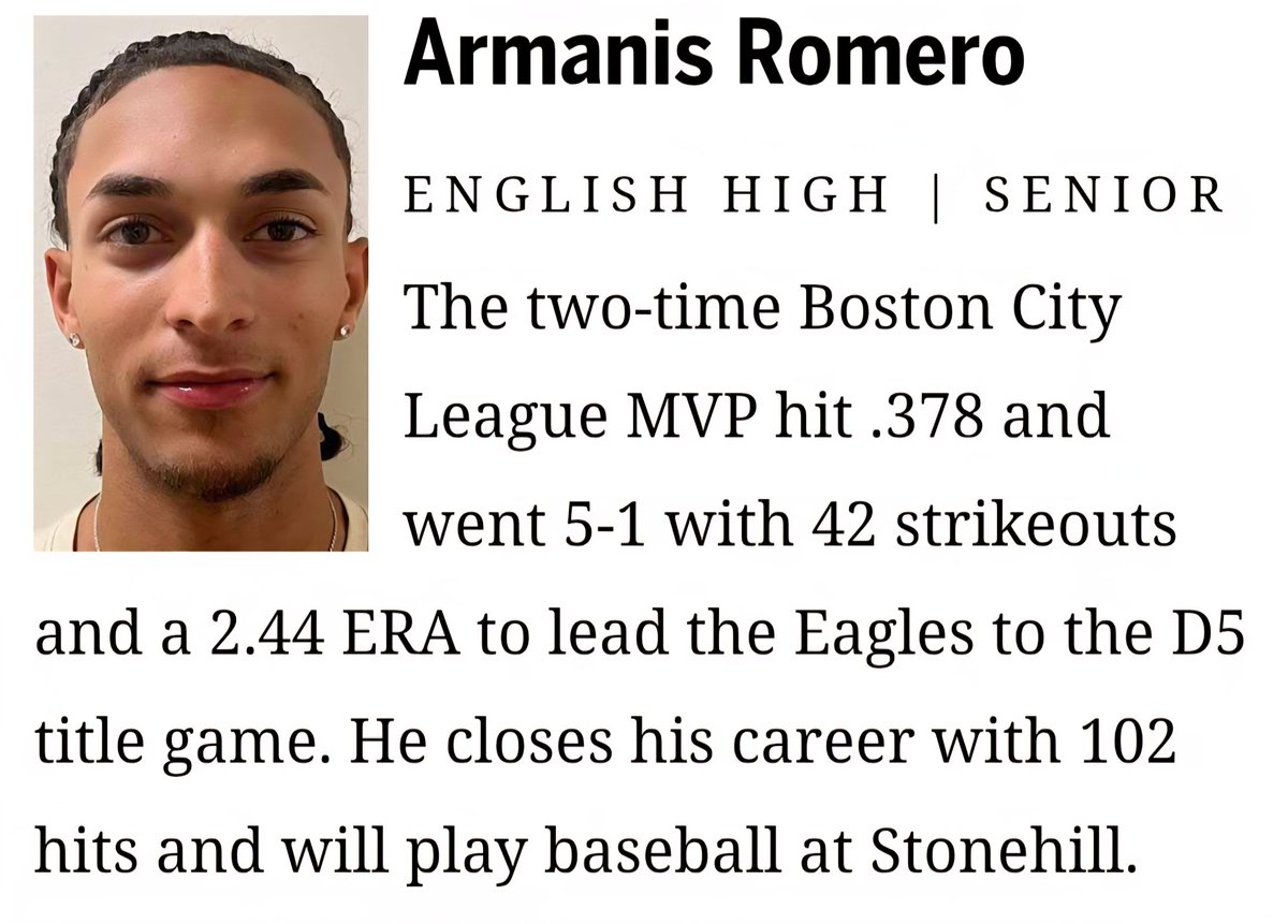 Congratulations to Armanis Romero on being awarded the Boston Globe All Scholastics Award.