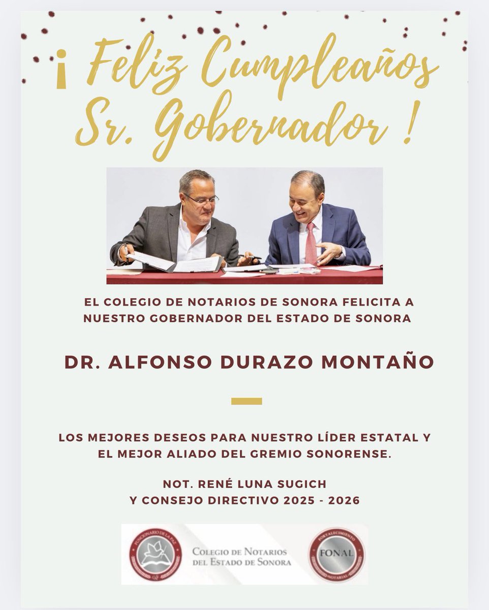 Notarios de Sonora / Colegio de Notarios de Sonora (@notariossonora) on Twitter photo 📜 El Colegio de #NotariosdeSonora felicita a nuestro Gobernador de Sonora Dr. <a href="/AlfonsoDurazo/">Alfonso Durazo</a> por motivo de su cumpleaños.
Los mejores deseos para nuestro líder estatal y el mejor aliado del gremio sonorense.
Not. René Luna Sugich y
Consejo Directivo.
📜 #FONAL <a href="/gobiernosonora/">Gobierno del Estado de Sonora</a> 📜 El Colegio de #NotariosdeSonora felicita a nuestro Gobernador de Sonora Dr. <a href="/AlfonsoDurazo/">Alfonso Durazo</a> por motivo de su cumpleaños.
Los mejores deseos para nuestro líder estatal y el mejor aliado del gremio sonorense.
Not. René Luna Sugich y
Consejo Directivo.
📜 #FONAL <a href="/gobiernosonora/">Gobierno del Estado de Sonora</a>