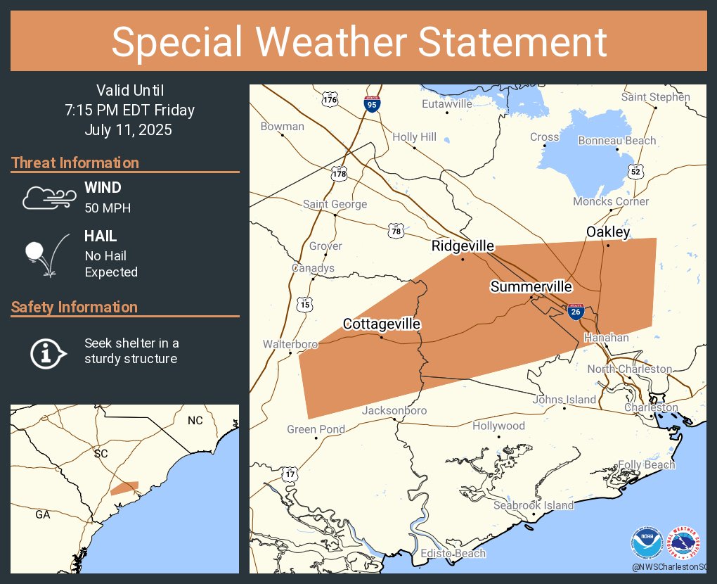 NWS Charleston, SC (@nwscharlestonsc) on Twitter photo A special weather statement has been issued for Summerville SC, Goose Creek SC and  Ladson SC until 7:15 PM EDT A special weather statement has been issued for Summerville SC, Goose Creek SC and  Ladson SC until 7:15 PM EDT