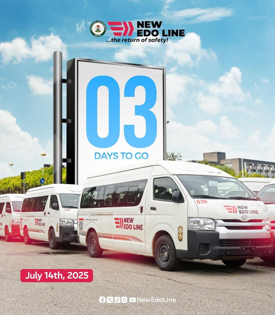 NewEdoLine's tweet image. 3 DAYS TO GO.
From Benin to Abuja, Warri to Kaduna—New Edo Line is redefining public transport.
- New fleet
- Cashless
- Clean & courteous
Launching July 14th.
#NewEdoLine
#3DaysToGo
#EdoOnTheMove
#DrivenByDignity
#TheReturnOfSafety