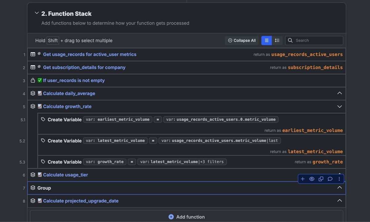 💡 Xano documentation pro tip

Use Groups and inline documentation with emojis in your function stacks for easy reading and to create collaborative knowledge sharing