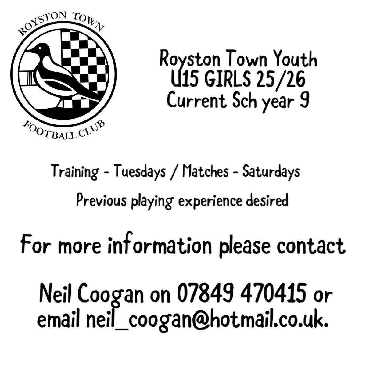 Royston Town Youth FC (@roystontyouthfc) on Twitter photo Our U15 Girls 25/26 (Year 10 sept) are looking for additional players to join their team, playing Saturdays and training Tuesdays. 
If interested and would like to come for taster session, please send an email to Neil ⚽️⚽️ Our U15 Girls 25/26 (Year 10 sept) are looking for additional players to join their team, playing Saturdays and training Tuesdays. 
If interested and would like to come for taster session, please send an email to Neil ⚽️⚽️