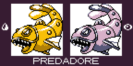 Ey it's #fakemonfriday! So here's Predadore, a Water/Psychic type and evo to Doranha! It's based on El Dorado and the Dorado fish. They're over hunted for their golden scales, it's said the gold opens up their minds, letting them sense aura.🐠🐠🪙🪙
#fakemon #Pokemon #pixelart