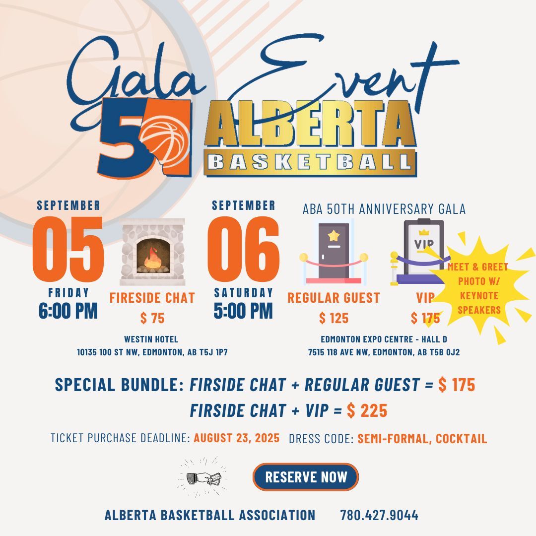 ✨ ABA 50th Anniversary Gala ✨
📅 Sept 6 | 📍 Edmonton Expo Centre: Hall D
Celebrate 50 years of Alberta Basketball with a night of special guests, fireside chats, awards, dinner &amp; a silent auction. 🌟

Let’s make history together.

#ABA50Gala #albertabasketball #ABA50