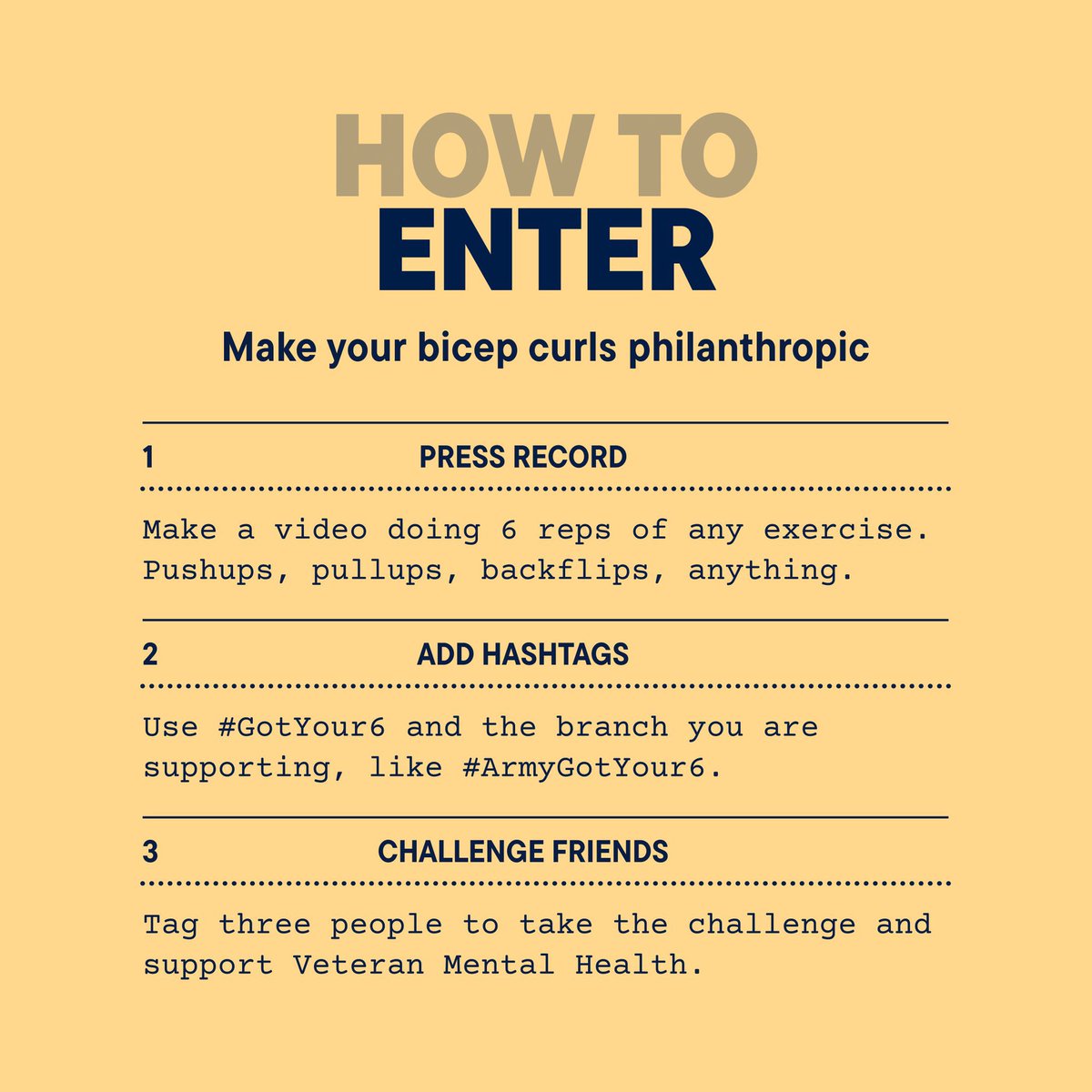 Want to help raise money for Military Veteran charities without having to donate any money? 

Please consider joining us in supporting <a href="/bwforg/">Bob Woodruff Foundation</a> &amp; <a href="/harrys/">Harry's</a> by completing the challenge below and posting it to social media! 

Each post will earn $6 donated to charity!