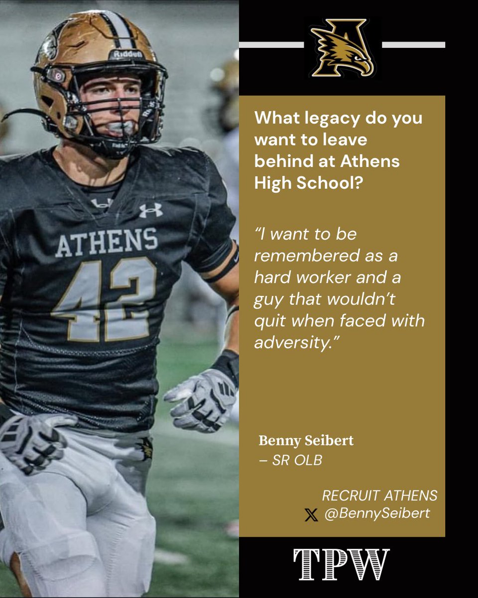 RecruitAthens's tweet image. PLAYER SPOTLIGHT | #TPW
Meet Benny Seibert — Senior OLB for Athens High School 🦅

We sat down with Benny to talk leadership, offseason grind, and his upcoming Senior Season.

Follow his journey: @BennySeibert
#AthensFootball #SeniorSpotlight #ToughPeopleWin #RecruitAthens
