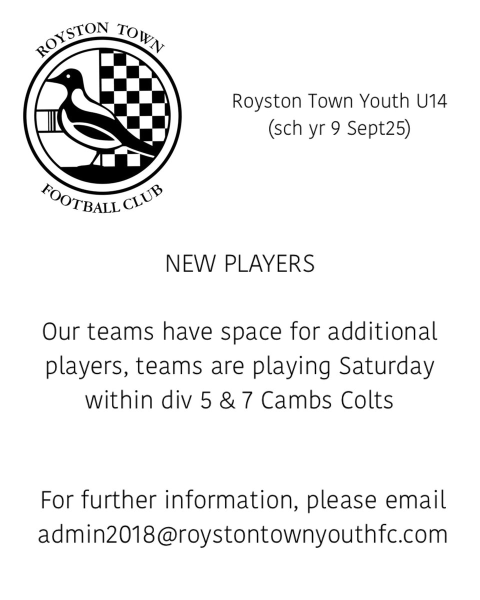Royston Town Youth FC (@roystontyouthfc) on Twitter photo Our U14s have spaces for new players for the 25/26 season, playing on a Sat in the Cambs Colts league, would suit someone new to football or playing on a Sunday & looking for some extra game time.
If interested please email admin2018@roystontownyouthfc.com
#CROWS Our U14s have spaces for new players for the 25/26 season, playing on a Sat in the Cambs Colts league, would suit someone new to football or playing on a Sunday & looking for some extra game time.
If interested please email admin2018@roystontownyouthfc.com
#CROWS