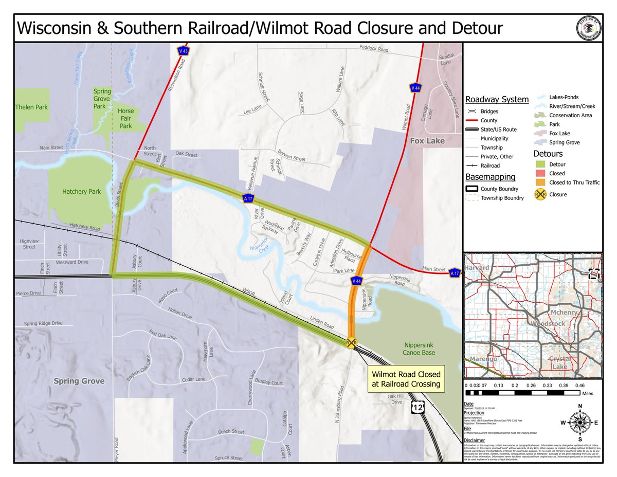 Wilmot Road between Route 12 and Main Street in Spring Grove will be closed to traffic next week for railroad crossing maintenance. A detour will be posted using Route 12, Blivin Street and Main Street. Work is expected to be finished by Friday, weather permitting.