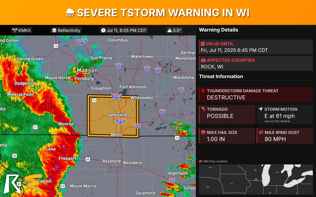 Wisconsin Severe Thunderstorm Warning: DESTRUCTIVE storms with 80 mph winds &amp; 1.00-inch hail are moving east at 60 mph towards Janesville, Beloit, and Evansville! Flying debris, heavy damage, and power outages are likely. Get to an interior room on the lowest floor of a building
