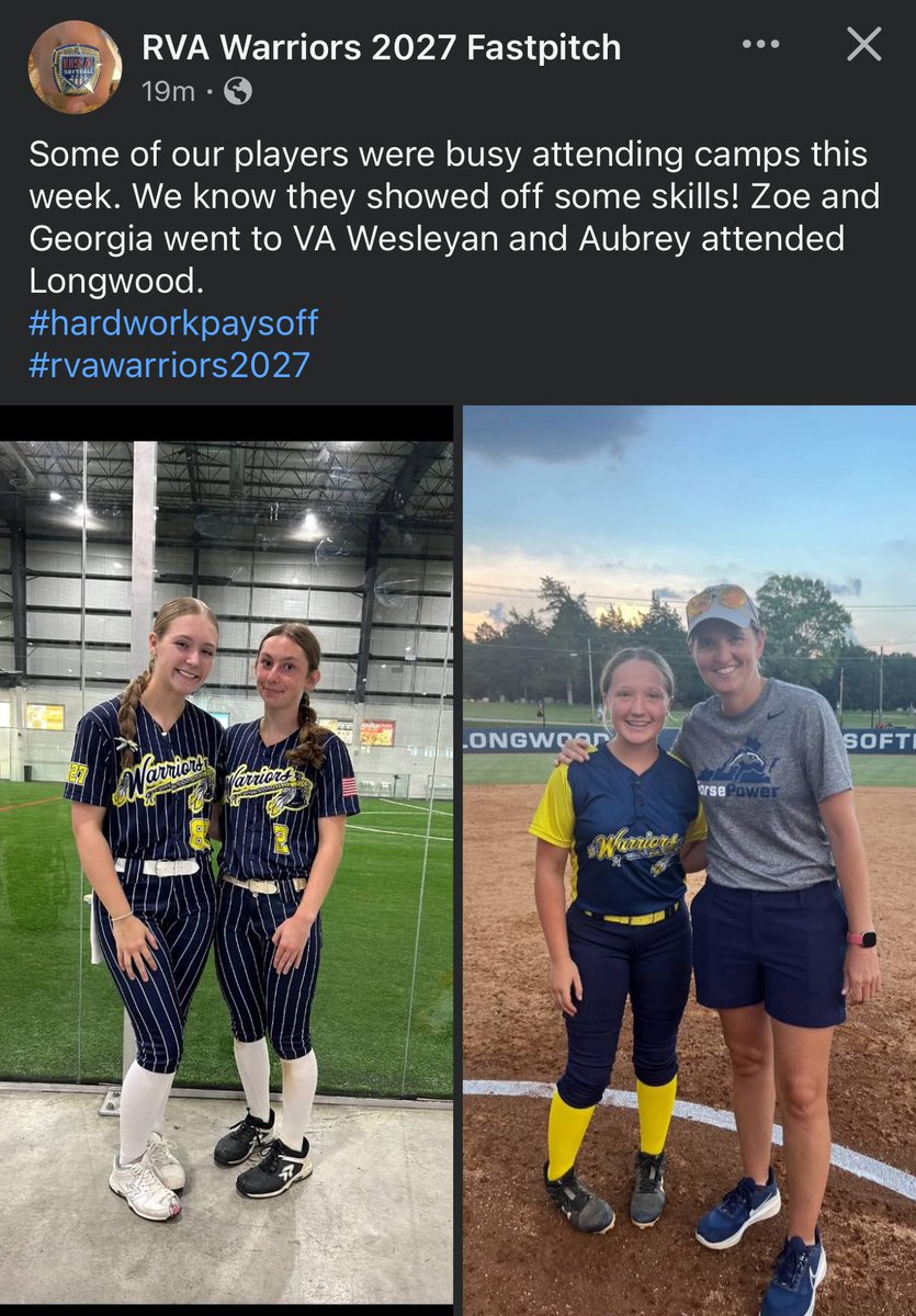 RVA Warriors 2027 (@rvawarriors) on Twitter photo πWe had a couple of Warriors attend camps this week! Georgia and <a href="/zoeizabella88/">Zoe Banks</a> were at <a href="/VWUSOFTBALL/">Va Wesleyan Softball</a> and <a href="/AubreyGoyne/">Aubrey Goyne</a> was at <a href="/LongwoodSB/">Longwood Softball</a> π πWe had a couple of Warriors attend camps this week! Georgia and <a href="/zoeizabella88/">Zoe Banks</a> were at <a href="/VWUSOFTBALL/">Va Wesleyan Softball</a> and <a href="/AubreyGoyne/">Aubrey Goyne</a> was at <a href="/LongwoodSB/">Longwood Softball</a> π