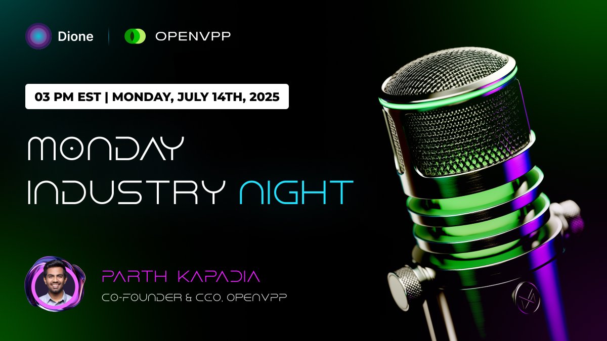 Wondering what's brewing behind the scenes? 🧐

Join us for a special episode of Monday Industry Night as we go live &amp; unplugged with <a href="/ParthKapadiaX/">Parth Kapadia</a> to unpack <a href="/OpenVPP/">OpenVPP</a>’s blueprint for bringing the energy institutions on-chain.

⏰ July 14th, 2025 | 3 PM EST
📍