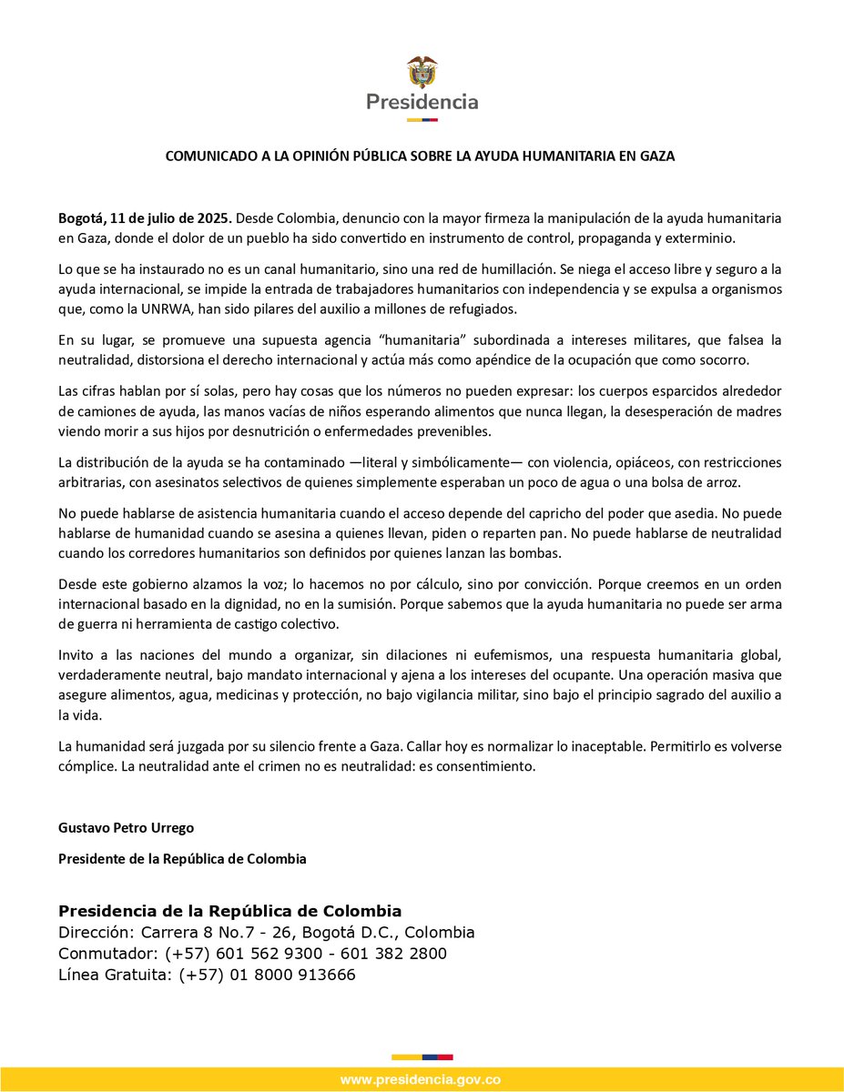 🔴El Presidente @PetroGustavo denuncia con la mayor firmeza la manipulación de la ayuda humanitaria en Gaza, donde el dolor de un pueblo ha sido convertido en instrumento de control, propaganda y exterminio.