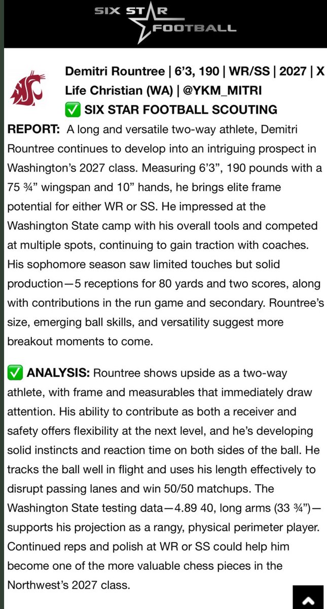 Thank you <a href="/sixstarfootball/">Six Star Football | PLUS+</a> and <a href="/WSUCougarFB/">Washington State Football</a> for the write up! Blessed for the opportunity to come out and compete.

Soph season.
9 GP
400+ all purpose yards 
3 reception tds
2 int 
9 PBUs 
3 Tfl
1 sack 
<a href="/LifeChristAcdFB/">Hershel Dennis HC Life Christian Academy FB</a> 
<a href="/PrepRedzoneWA/">Prep Redzone Washington</a> 
<a href="/andy_lucas98/">Andy Lucas</a> 
<a href="/BrandonHuffman/">Brandon Huffman</a> 
<a href="/Blakefb40/">Coach Blake</a>