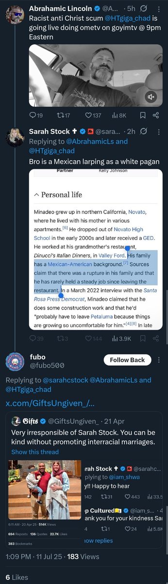 GiftsUngiven_'s tweet image. - Promotes interracial couples
- Promotes bIack people in positions of power and bIack culture/hip-hop
- Obsessed with Nick Fuentes and works with a team of Mexican Catholics at The Riff TV
- Catholic and vehemently promotes Catholicism as American, when itโs religiouslyโฆ