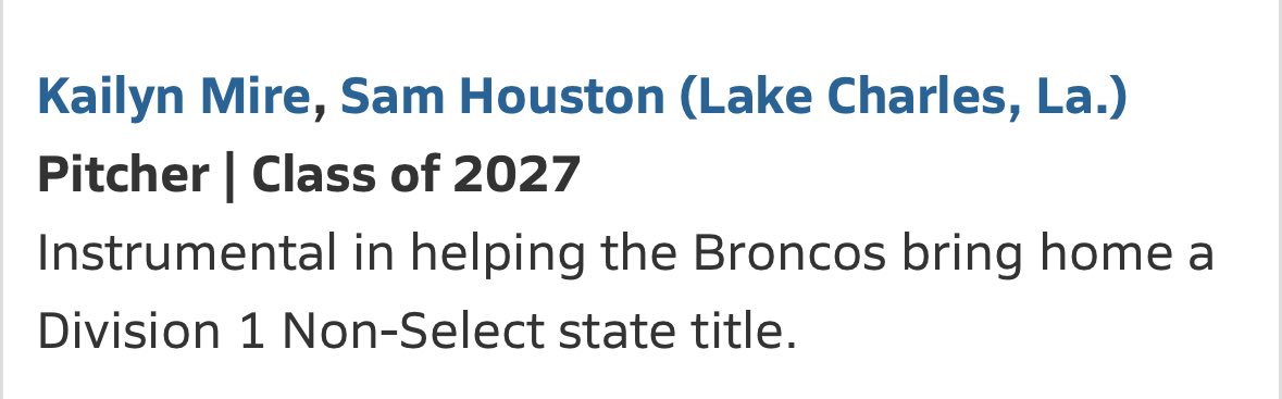 Kailyn Mire (@kailynmire) on Twitter photo Honored to be named to the 2025 MaxPreps Underclass All-America Team! Grateful to represent Sam Houston and help bring home a state title with my teammates.<a href="/hotshotsnation/">Hotshots Fastpitch</a> <a href="/LamarSoftball/">Lamar Softball</a> <a href="/CoLinSoftball/">Co-Lin Softball</a> <a href="/CoyotesDen/">Weatherford College Softball</a> <a href="/McNeeseSoftball/">McNeese Softball</a> <a href="/MCCEaglesSB/">MCC Eagles Softball</a> <a href="/GoChoctaws_SB/">Mississippi College Softball🥎</a> <a href="/BearkatsSB/">Sam Houston Softball</a> <a href="/LATechSB/">LA Tech Softball</a> Honored to be named to the 2025 MaxPreps Underclass All-America Team! Grateful to represent Sam Houston and help bring home a state title with my teammates.<a href="/hotshotsnation/">Hotshots Fastpitch</a> <a href="/LamarSoftball/">Lamar Softball</a> <a href="/CoLinSoftball/">Co-Lin Softball</a> <a href="/CoyotesDen/">Weatherford College Softball</a> <a href="/McNeeseSoftball/">McNeese Softball</a> <a href="/MCCEaglesSB/">MCC Eagles Softball</a> <a href="/GoChoctaws_SB/">Mississippi College Softball🥎</a> <a href="/BearkatsSB/">Sam Houston Softball</a> <a href="/LATechSB/">LA Tech Softball</a>