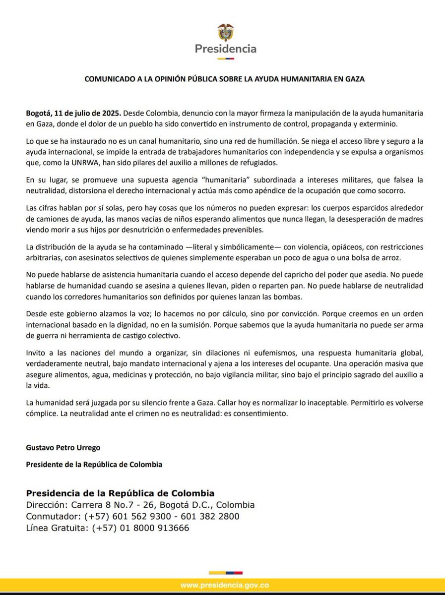 🔴 Comunicado | El Presidente de la República de Colombia @PetroGustavo informa a la opinión pública respecto a la situación crítica sobre la ayuda humanitaria en Gaza: