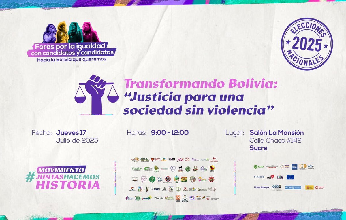 🔔 𝐂𝐮𝐚𝐫𝐭𝐨 𝐟𝐨𝐫𝐨: 𝐓𝐫𝐚𝐧𝐬𝐟𝐨𝐫𝐦𝐚𝐧𝐝𝐨 𝐁𝐨𝐥𝐢𝐯𝐢𝐚: 𝐉𝐮𝐬𝐭𝐢𝐜𝐢𝐚 𝐩𝐚𝐫𝐚 𝐮𝐧𝐚 𝐬𝐨𝐜𝐢𝐞𝐝𝐚𝐝 𝐬𝐢𝐧 𝐯𝐢𝐨𝐥𝐞𝐧𝐜𝐢𝐚
📍 17 de julio | 9:00 - 12:00
📌 Salón La Mansión
💬 “Justicia para una sociedad sin violencia”
#JuntasHacemosHistoria #Elecciones2025