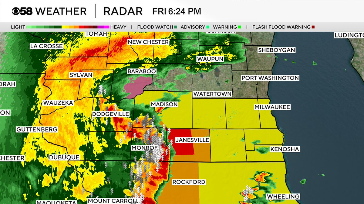 Tornado Warning in RED approaching Janesville which is ONE county away from our viewing area and headed east. Multiple reports of funnels with this storm and reported wind gust of 79 mph as it pushed through Monroe. We will likely see warning in our area shortly.