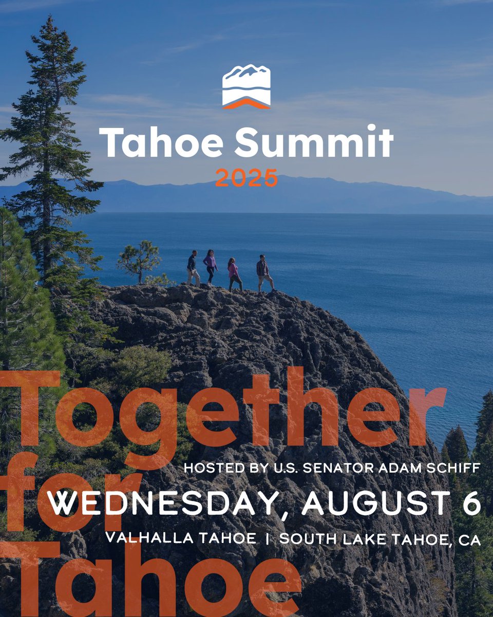 TahoeAgency's tweet image. The 29th annual Tahoe Summit takes place Wed, August 6, at Valhalla Tahoe, hosted by U.S. Senator Adam Schiff. This year’s theme is “Protecting Lake Tahoe: Balancing Sustainable Recreation and Conservation.”
#LakeTahoe #TahoeSummit2025 #TRPA