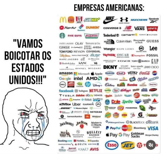 Esquerdistas boicotem os EUA!💥

🚫 Nada de iPhone
🚫 Nada de Instagram
🚫 Nada de Threads
🚫 Nada de Netflix
🚫 Nada de McDonald’s
🚫 Nada de Coca-Cola
🚫 Nada de Windows 
🚫 Nada de Facebook
🚫 Nada de Disney 

Força aí gente! 💪😏
#DefendaoBrasildoPT