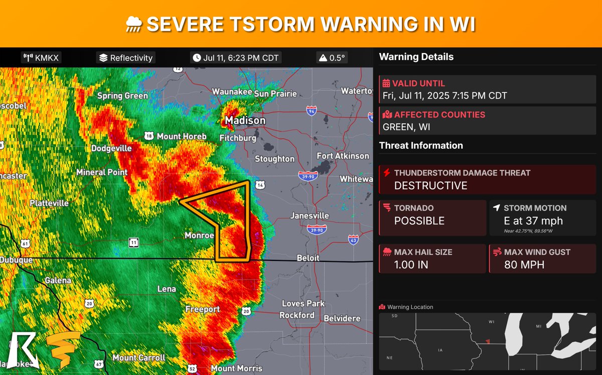 Wisconsin Severe Thunderstorm Warning: DESTRUCTIVE 80 mph winds &amp; 1-inch hail hitting Brodhead, Albany, Monticello NOW, moving east at 35 mph. Flying debris, heavy damage to mobile homes! Tornado possible, seek shelter on lowest floor of sturdy building NOW!