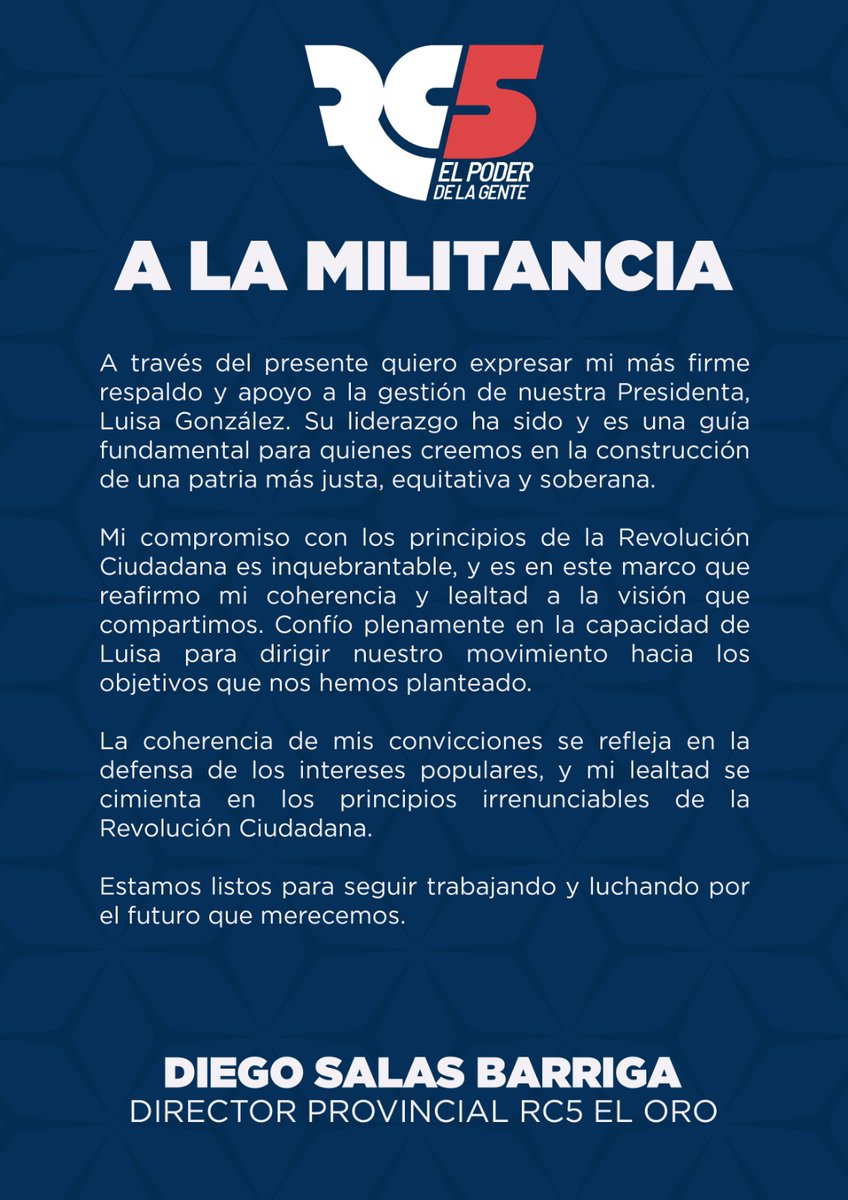Diego Salas (@diegosalasb) on Twitter photo Mi respaldo incondicional a <a href="/LuisaGonzalezEc/">Luisa González</a>, presidenta de <a href="/RC5Oficial/">Revolución Ciudadana</a>.
Estamos listos para seguir trabajando y luchando por el futuro que merecemos todos los ecuatorianos. Mi respaldo incondicional a <a href="/LuisaGonzalezEc/">Luisa González</a>, presidenta de <a href="/RC5Oficial/">Revolución Ciudadana</a>.
Estamos listos para seguir trabajando y luchando por el futuro que merecemos todos los ecuatorianos.