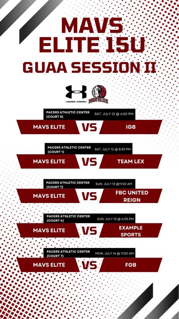 Ryleigh Davis (@4_ryleighdavis) on Twitter photo Headed to Indianapolis for GUAA Session 2 βΌοΈπ₯
Hereβs our basketball schedule π
π Pacers Athletic Center
ποΈ July 12-14
Letβs work! πͺ #MavsElite
<a href="/AYSABasketball/">AmericanYouthSportsAssociation (AYSA)</a> <a href="/JrAllStar_MO/">Missouri Jr. All-Star Basketball</a> <a href="/BTNScouting/">BTN Scouting</a> <a href="/CoachAlexWiggs/">Alex Wiggs</a> <a href="/CLiv3402/">Caleb Livingston</a> <a href="/katiegearlds4/">Katie Gearlds</a> <a href="/CoachKBailey5/">Kaci Bailey</a>
<a href="/pd_skillz/">Mavs Elite GUAA</a> <a href="/UANextGHoops/">Girls UAA</a> Headed to Indianapolis for GUAA Session 2 βΌοΈπ₯
Hereβs our basketball schedule π
π Pacers Athletic Center
ποΈ July 12-14
Letβs work! πͺ #MavsElite
<a href="/AYSABasketball/">AmericanYouthSportsAssociation (AYSA)</a> <a href="/JrAllStar_MO/">Missouri Jr. All-Star Basketball</a> <a href="/BTNScouting/">BTN Scouting</a> <a href="/CoachAlexWiggs/">Alex Wiggs</a> <a href="/CLiv3402/">Caleb Livingston</a> <a href="/katiegearlds4/">Katie Gearlds</a> <a href="/CoachKBailey5/">Kaci Bailey</a>
<a href="/pd_skillz/">Mavs Elite GUAA</a> <a href="/UANextGHoops/">Girls UAA</a>
