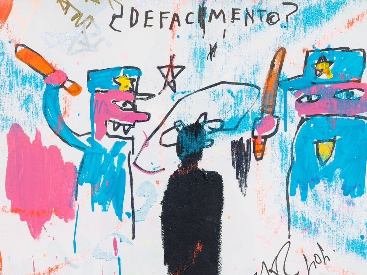 CriminalShow's tweet image. After he learned Michael Stewart had died, Jean-Michel Basquiat went to Keith Haring’s studio and painted a black silhouette surrounded by police on the wall. The painting would later become known as “Defacement (The Death of Michael Stewart).” buff.ly/R5xw5Fg