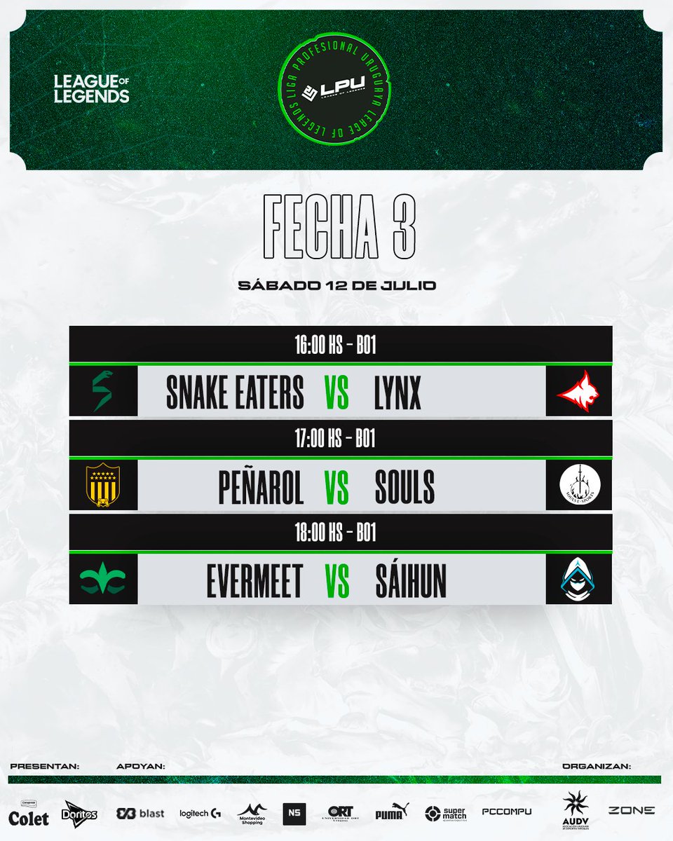 Asociación Uruguaya de Deportes Virtuales (@audvesports) on Twitter photo Se viene un sábado de #LPU Temporada 7⃣ Presentada por #Colet⚔️🔥 #LeagueOfLegends
🔴 EN VIVO - FECHA 3⃣
📺twtich.tv/audvtv
📺twtich.tv/zone_uy
🎙️ <a href="/calderita_lata/">Calderita de Lata</a> <a href="/FrancoDelPriore/">Franco Del Priore</a> Se viene un sábado de #LPU Temporada 7⃣ Presentada por #Colet⚔️🔥 #LeagueOfLegends
🔴 EN VIVO - FECHA 3⃣
📺twtich.tv/audvtv
📺twtich.tv/zone_uy
🎙️ <a href="/calderita_lata/">Calderita de Lata</a> <a href="/FrancoDelPriore/">Franco Del Priore</a>