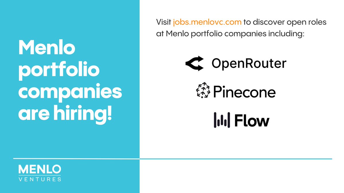 Y2Kandace's tweet image. ✨#NowHiring ✨
Ready to shape the future of tech? 🚀This week, we're shining a spotlight on 3 Menlo-backed startups that are hiring: @OpenRouterAI, @pinecone, and @WisprFlow. Congrats to OpenRouter and Wispr on their recent funding! Find out more at mnlo.vc/Careers.
