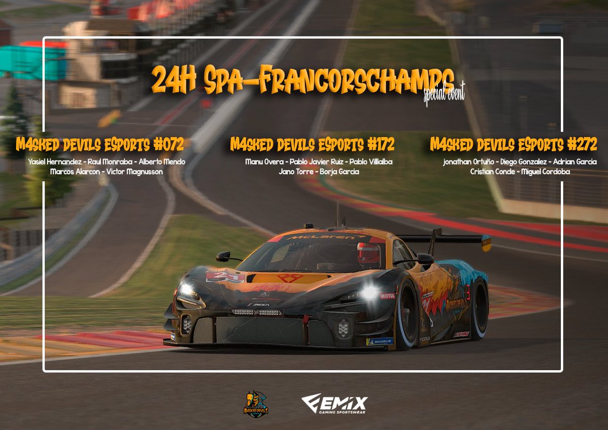 M4sked Devils eSports (@m4sked_devils) on Twitter photo Toca ir a las #24hspa
Iniciaremos el evento especial con 3⃣ coches en pista en la sesión de las 14:00
🔸 M4sked Devils #072
🏎️ Ferrari GT3
👥 <a href="/xander_ftw/">XandeR</a> <a href="/Monra95/">Raül Monrabà</a> <a href="/ArcaKiros/">Arca</a> <a href="/markinho_AG/">Marcos Alarcón</a> <a href="/VRMagnusson/">Victor Magnusson</a>
🔸 M4sked Devils #172
🏎️ Mclaren GT3
👥 <a href="/manu_overa/">Manu Overa</a> <a href="/Pabloruiz19_/">pabloruiz19</a> Toca ir a las #24hspa
Iniciaremos el evento especial con 3⃣ coches en pista en la sesión de las 14:00
🔸 M4sked Devils #072
🏎️ Ferrari GT3
👥 <a href="/xander_ftw/">XandeR</a> <a href="/Monra95/">Raül Monrabà</a> <a href="/ArcaKiros/">Arca</a> <a href="/markinho_AG/">Marcos Alarcón</a> <a href="/VRMagnusson/">Victor Magnusson</a>
🔸 M4sked Devils #172
🏎️ Mclaren GT3
👥 <a href="/manu_overa/">Manu Overa</a> <a href="/Pabloruiz19_/">pabloruiz19</a>