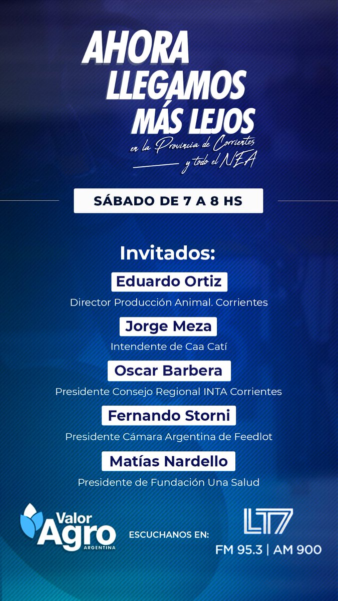 Valor Agro Argentina (@valoragroads) on Twitter photo Este sábado a las 7 en <a href="/LT7Noticias/">LT7 Noticias</a> no te pierdas Valor Agro Radio. Hablaremos de Búfalos con E. Ortiz <a href="/mp_ctes/">Ministerio de Producción de Corrientes</a> del feedlot con <a href="/fernando_storni/">Fernando M. Storni</a> <a href="/feedlot_ar/">Feedlot Argentina</a> del <a href="/intaargentina/">INTA</a> con Oscar Barbera <a href="/olaverrymartin/">Martín Olaverry</a> <a href="/Guilleca03/">Guillermo Crampet</a> Este sábado a las 7 en <a href="/LT7Noticias/">LT7 Noticias</a> no te pierdas Valor Agro Radio. Hablaremos de Búfalos con E. Ortiz <a href="/mp_ctes/">Ministerio de Producción de Corrientes</a> del feedlot con <a href="/fernando_storni/">Fernando M. Storni</a> <a href="/feedlot_ar/">Feedlot Argentina</a> del <a href="/intaargentina/">INTA</a> con Oscar Barbera <a href="/olaverrymartin/">Martín Olaverry</a> <a href="/Guilleca03/">Guillermo Crampet</a>