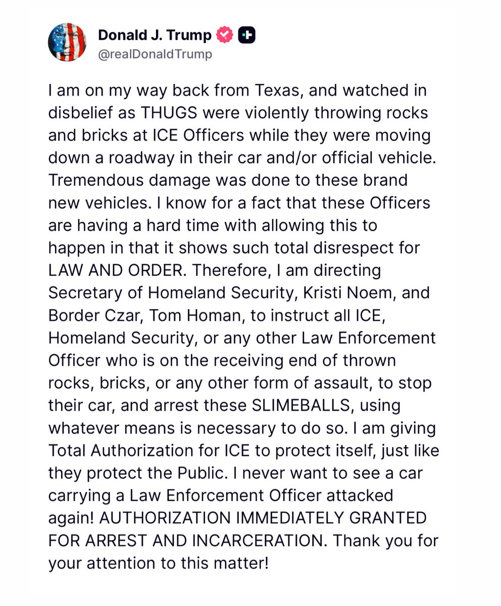 Trump just posted this !!!

“AUTHORIZATION IMMEDIATELY GRANTED FOR ARREST AND INCARCERATION.”

👀