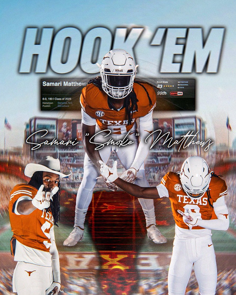 Elite 4-star CB Samari Matthews just committed to Texas 🤘 <a href="/samari_matthews/">Samari “Smoke” Matthews</a> 

The No. 99 overall prospect in the ESPN 300 is one of the top corners in the nation. He picked the Longhorns over Florida State, Miami, and South Carolina.